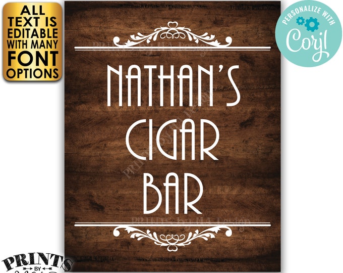 Cigar Bar Sign, Editable Bar Sign, Custom PRINTABLE 8x10/16x20” Brown Rustic Wood Style Sign <Edit Yourself with Corjl>