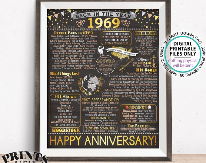 Back in 1969 Anniversary Poster Board, Flashback to 1969 Anniversary Decor, Anniversary Gift, PRINTABLE 16x20” Sign <ID>