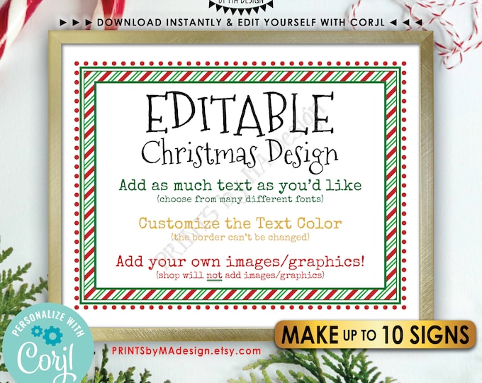 Editable Christmas Signs, Add Text/Graphics, Matches Elf, 10 Custom PRINTABLE 8.5x11" Landscape Digital Files <Edit Yourself w/Corjl>