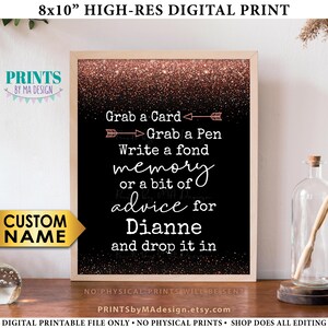 Geheugenbord, pak een kaart en pen en schrijf een herinnering of advies, aangepaste naam, AFDRUKBAAR 8 x 10" zwart- en roségouden glitterbord
