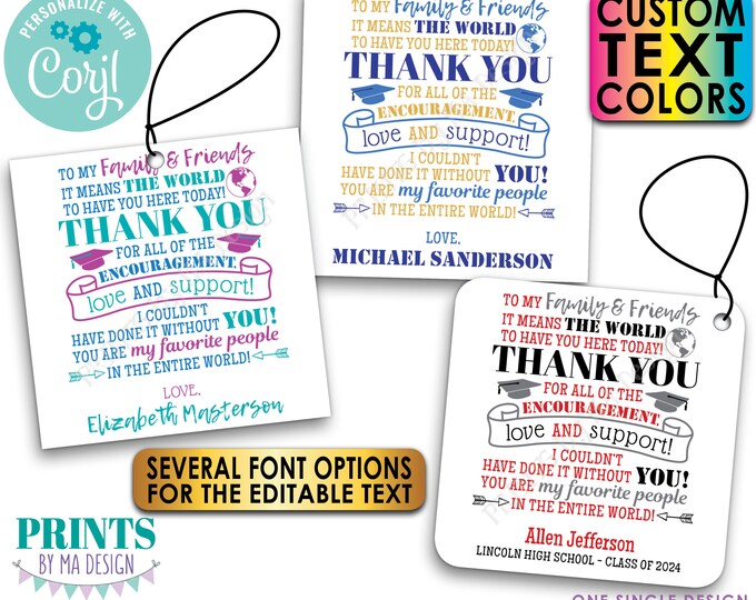 Editable Graduation Tags, Grad Party Favors, Thank You Goodie Bags, Color PRINTABLE 8.5x11" Sheet of 2x2" Tags/Cards <Edit Yourself w/Corjl>