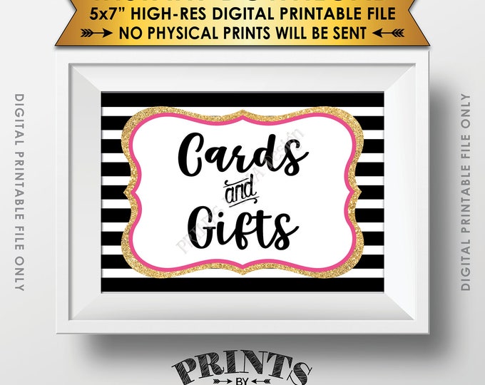 Cards and Gifts Sign, Gift Table Sign, Shower, Birthday, Graduation Party Decor, Black Pink & Gold Glitter Printable 5x7” Instant Download