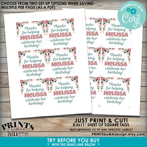 Puede incluir: Hoja imprimible de etiquetas cuadradas de 8,5 x 11 pulgadas con un dise&ntilde;o floral y el texto "&iexcl;Gracias por ayudar a Melissa a celebrar su cumplea&ntilde;os!" en rosa y turquesa.