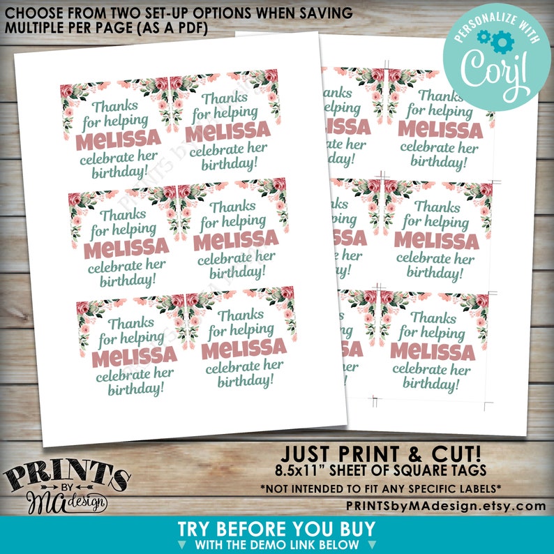 Puede incluir: Hoja imprimible de etiquetas cuadradas de 8,5 x 11 pulgadas con un dise&ntilde;o floral y el texto "&iexcl;Gracias por ayudar a Melissa a celebrar su cumplea&ntilde;os!" en rosa y turquesa.
