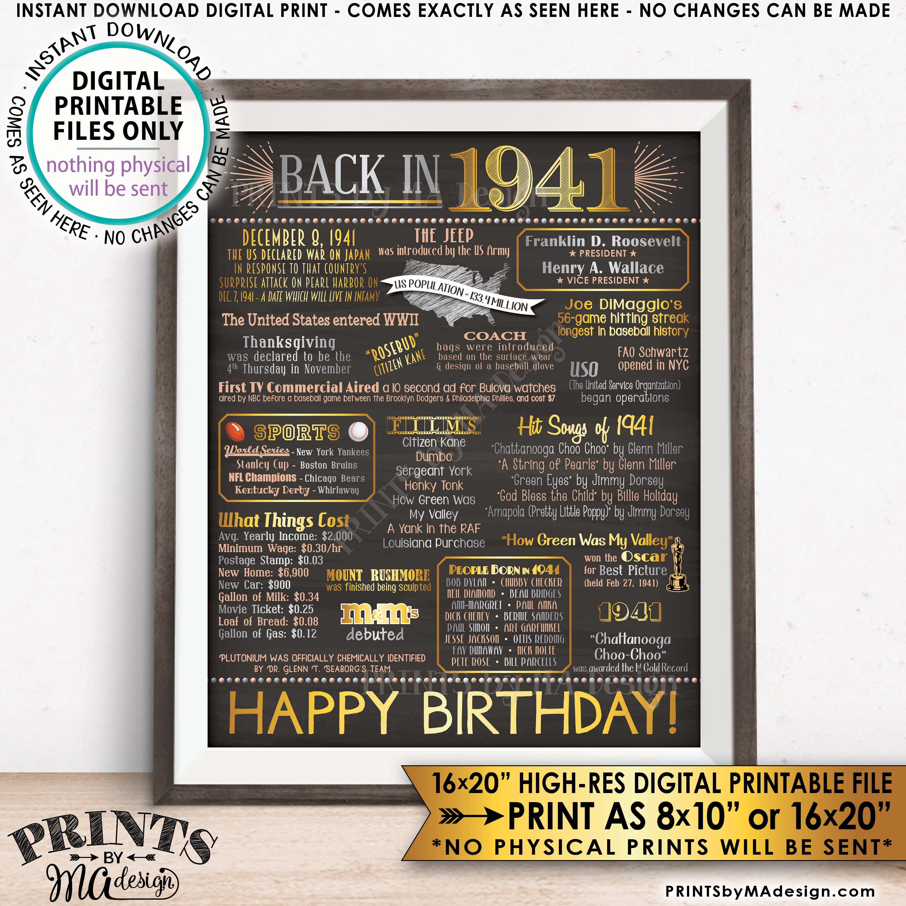 1941 Birthday Flashback Poster, Back in 1941 Birthday Decorations, ‘41