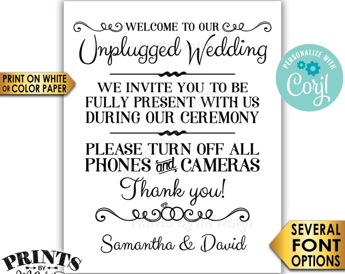 Unplugged Wedding Sign, Please Turn Off Phones & Cameras During the Ceremony, PRINTABLE 16x20" Unplugged Sign <Edit Yourself with Corjl>
