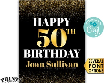Golden Happy Birthday Sign, B-day Party Celebration, PRINTABLE 8x10/16x20” Black & Gold Glitter Bday Decor <Edit Yourself with Corjl>