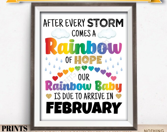 Rainbow Baby Pregnancy Announcement, Pregnant After Loss, Our Baby is Due in FEBRUARY Dated PRINTABLE 8x10/16x20” Pregnancy Reveal Sign <ID>