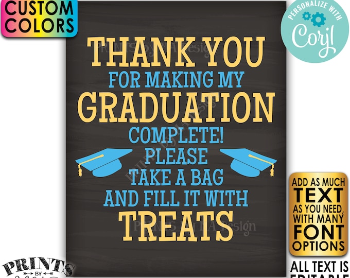 Custom Graduation Favor Sign, Graduation Party Treats, PRINTABLE 8x10/16x20” Editable Template, Grad Caps <Edit Yourself w/Corjl>