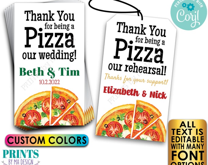 Edtaible Pizza Tags or Cards, Pizza Party Favor, Custom Text, PRINTABLE 8.5x11" Sheet of  2x3.5" Tags or Cards <Edit Yourself w/Corjl>