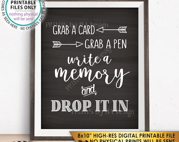 Write a Memory, Grab a Card Grab a Pen Drop it In, Birthday, Graduation, Retirement, Bon Voyage, Chalkboard Style PRINTABLE 8x10” Sign <ID>