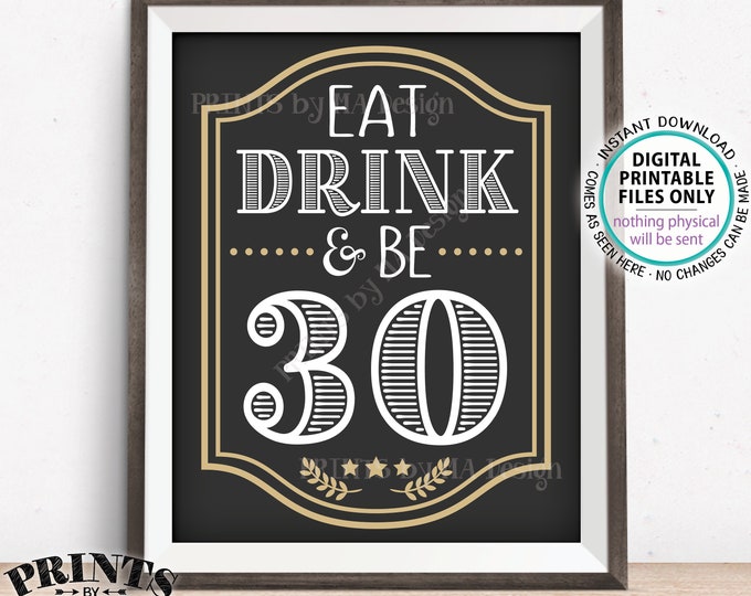 Eat Drink & Be 30 Sign, 30th B-day Party Decor, Cheers and Beers to 30 Years, Thirtieth Birthday, PRINTABLE 8x10/16x20” 30th Bday Sign <ID>