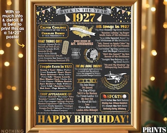 Back in the Year 1927 Birthday Sign, Flashback to 1927 Poster Board, ‘27 B-day Gift, Bday Decoration, PRINTABLE 16x20” Sign <ID>