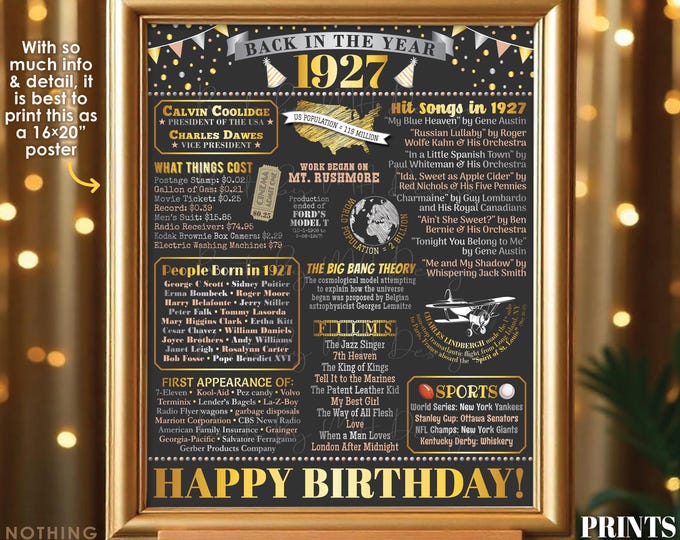Back in the Year 1927 Birthday Sign, Flashback to 1927 Poster Board, ‘27 B-day Gift, Bday Decoration, PRINTABLE 16x20” Sign <ID>