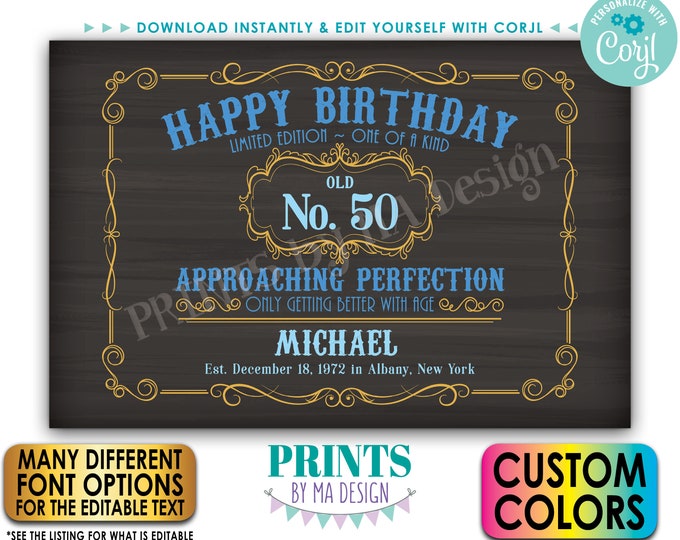 Editable Vintage Birthday Sign, Better with Age Liquor Themed Party, Custom PRINTABLE 24x36” Chalkboard Style Sign <Edit Yourself w/Corjl>