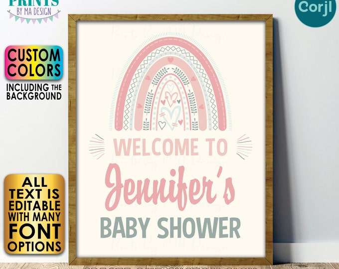 Editable Baby Shower Welcome Sign with Boho Rainbow and Hearts, Custom PRINTABLE 8x10/16x20” Shower Entrance Sign <Edit Yourself with Corjl>