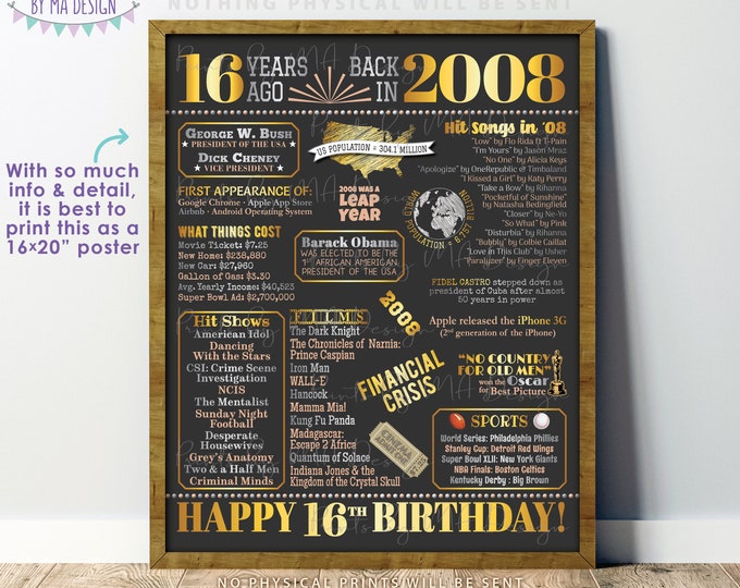 16th Birthday Poster Board, Born in the Year 2008, Flashback 16 Years Ago B-day Gift, Sweet 16, PRINTABLE 16x20 ” Back in 2008 Sign <ID>