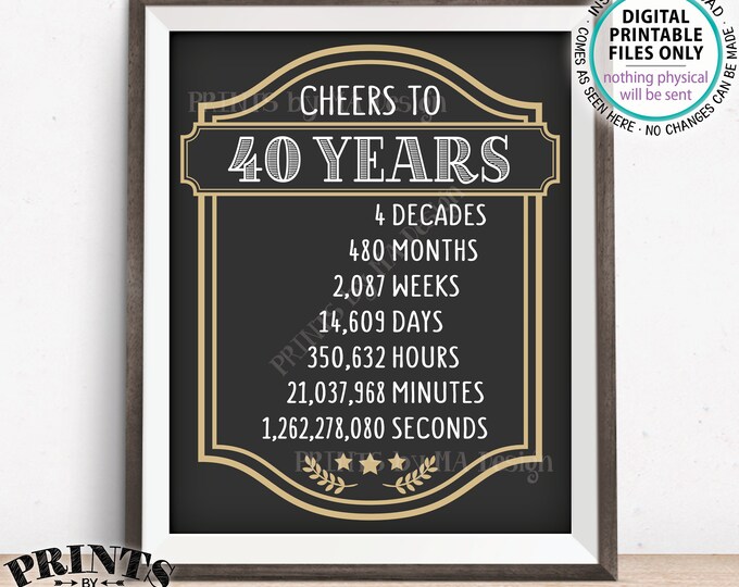 Cheers to 40 Years, 40th Birthday Sign, 40th Anniversary, Cheers & Beers, Beer Party Sign, Retirement Party, PRINTABLE 8x10/16x20” Sign <ID>