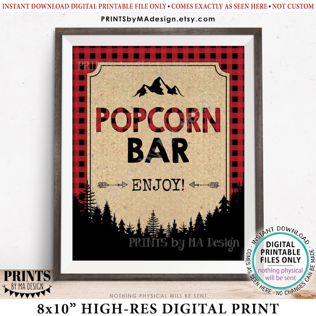 Popcorn Bar Sign, Lumberjack Popcorn, Red Checker Buffalo Plaid Decor