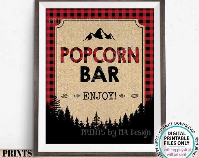 Popcorn Bar Sign, Lumberjack Popcorn, Red Checker Buffalo Plaid Decor, Birthday, Wedding, Christmas, PRINTABLE 8x10" Popcorn Sign <ID>