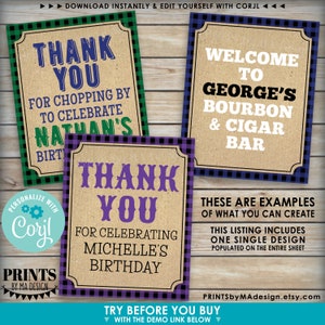 May include: Three printable signs with a rustic brown background and black and white checkered borders. The signs say "Thank You for Chopping by to Celebrate Nathan's Birthday", "Thank You for Celebrating Michelle's Birthday", and "Welcome to George's Bourbon & Cigar Bar".