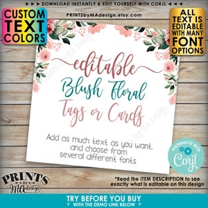 Puede incluir: Plantilla editable de etiquetas o tarjetas florales en color rubor con un dise&ntilde;o floral. El texto dice "editable blush floral tags or cards". Agrega todo el texto que desees y elige entre varias fuentes diferentes. Personaliza con Corjl.