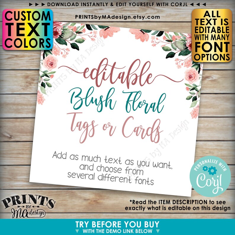 Puede incluir: Plantilla editable de etiquetas o tarjetas florales en color rubor con un dise&ntilde;o floral. El texto dice "editable blush floral tags or cards". Agrega todo el texto que desees y elige entre varias fuentes diferentes. Personaliza con Corjl.
