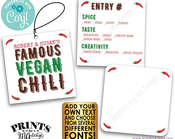 Editable Chili Labels, Chili Cook-Off Voting Ballots, 2" Square Cards on a Digital PRINTABLE 8.5x11" File <Edit Yourself with Corjl>