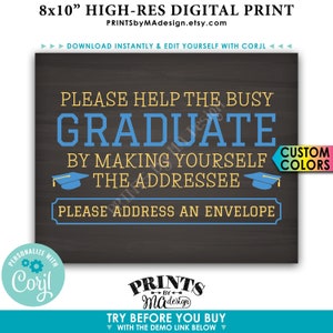 Graduation Party Adresse ein Umschlag-Schild, Helfen Sie dem beschäftigten Absolvent, DRUCKBARE 20x10-Zoll-Tafel-Stil-Zeichen <Bearbeiten Sie sich mit Corjl>