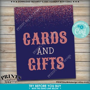 May include: A printable sign with a navy blue background and pink glitter. The sign says "Cards and Gifts" in a pink, vintage-style font. The text "Personalize with Corjl" is in a circle with a gear icon.