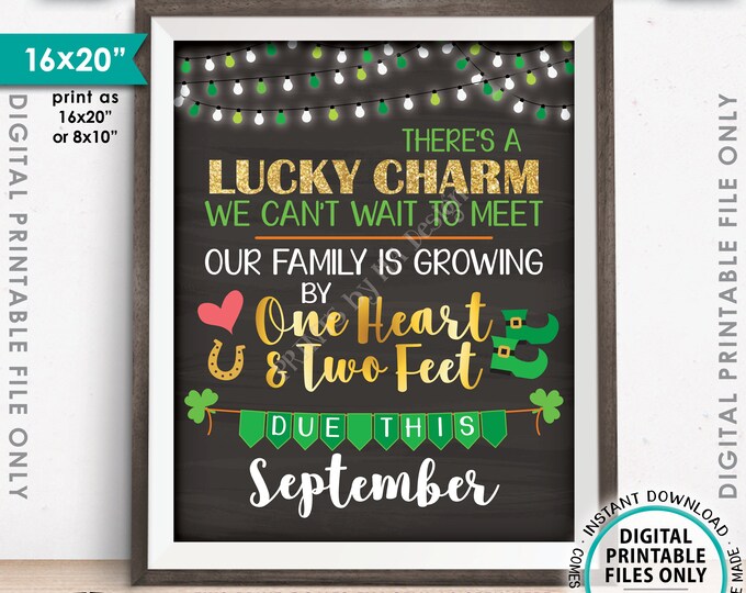 St Patrick's Day Pregnancy Announcement Our family is growing by 1 Heart & 2 Feet in SEPTEMBER Dated Chalkboard Style PRINTABLE Sign <ID>