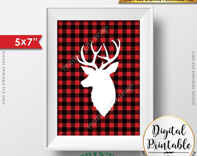 Reindeer Lumberjack Plaid Christmas Decor, Red Checker Reindeer Lumberjack Deer Sign, Buffalo Plaid, Woodsy, PRINTABLE 5x7” Instant Download