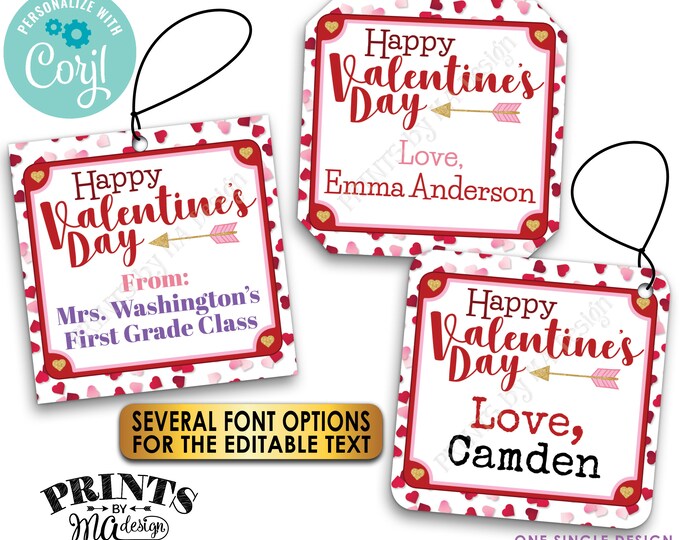 Happy Valentine's Day Tags, School Goodie Bag, Holiday Treat, 2" Square Cards on Digital PRINTABLE 8.5x11" File <Edit Yourself with Corjl>