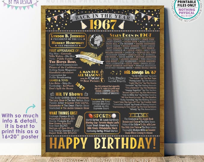 Back in the Year 1967 Birthday Sign, Flashback to 1967 Poster Board, ‘67 B-day Gift, Bday Decoration, PRINTABLE 16x20” Sign <ID>