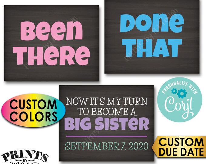 Pregnancy Announcement, Been There, Done That, My Turn to Become a Big Sister, 3 PRINTABLE Baby #4 Reveal Signs <Edit Yourself with Corjl>