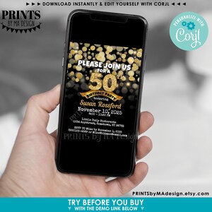 May include: A black and gold digital invitation for a 50th birthday party. The invitation features a gold glitter 50 with a black background and gold circles. The text reads "Please join us for a 50th birthday party honoring Susan Rossford, November 10, 2025, 6:00-10:30 PM, Little Italy Ristorante, 1234 Anystreet, Sometown, ST 98765, RSVP to Mike by November 1, 2025, (855)123-4569 or MikeWhitman@email.com".