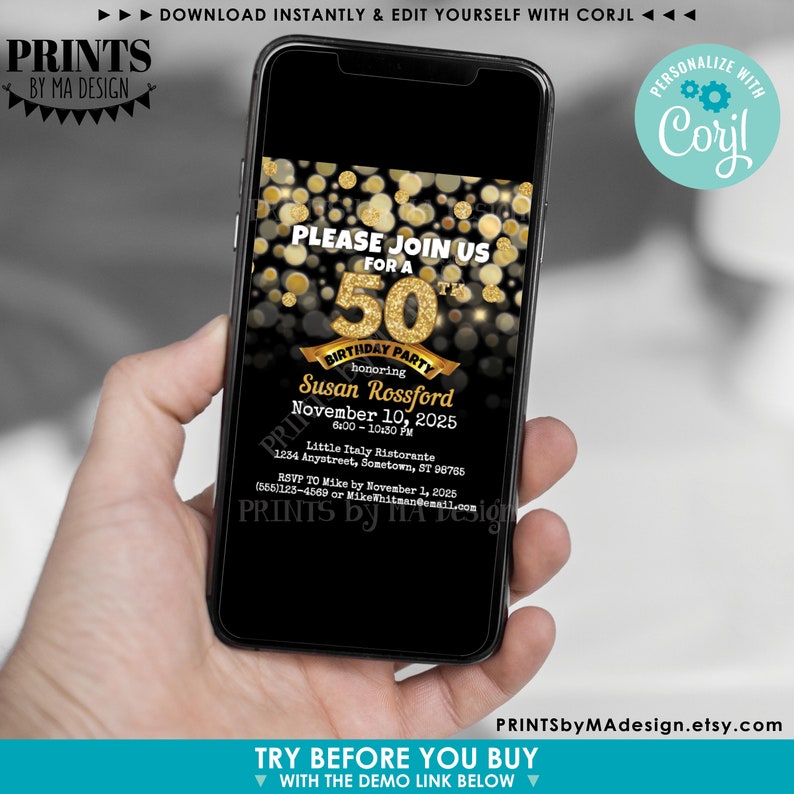 May include: A black and gold digital invitation for a 50th birthday party. The invitation features a gold glitter 50 with a black background and gold circles. The text reads "Please join us for a 50th birthday party honoring Susan Rossford, November 10, 2025, 6:00-10:30 PM, Little Italy Ristorante, 1234 Anystreet, Sometown, ST 98765, RSVP to Mike by November 1, 2025, (855)123-4569 or MikeWhitman@email.com".