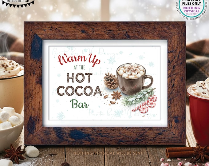 Hot Cocoa Bar Sign, Warm Up, Chocolate, Peppermint, Snowflakes, Holiday Party, PRINTABLE 12x18” Watercolor Style Sign, Print as 4x6" <ID>