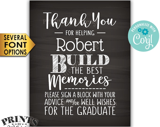 Sign a Block Graduation Party Decoration, Thanks for Building Memories, PRINTABLE 8x10” Chalkboard Style Sign <Edit Yourself with Corjl>