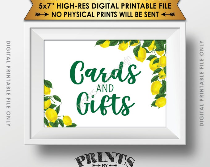 Lemon Themed Cards & Gifts Sign, Cards and Gifts, Tuscan Garden Party, Tropical Summer Lemons, Italy, 5x7” Printable Instant Download