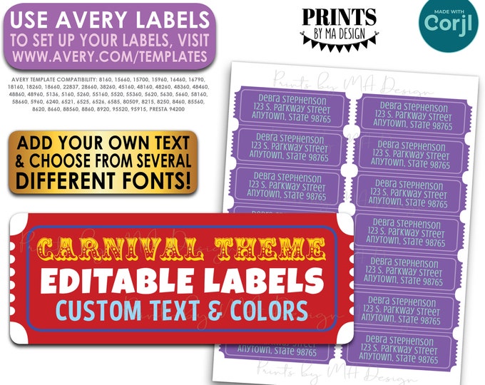 Editable Carnival Ticket themed Labels, Address Labels, One Custom PRINTABLE 1x2-5/8" Label, Avery 8160 Labels <Edit Yourself with Corjl>