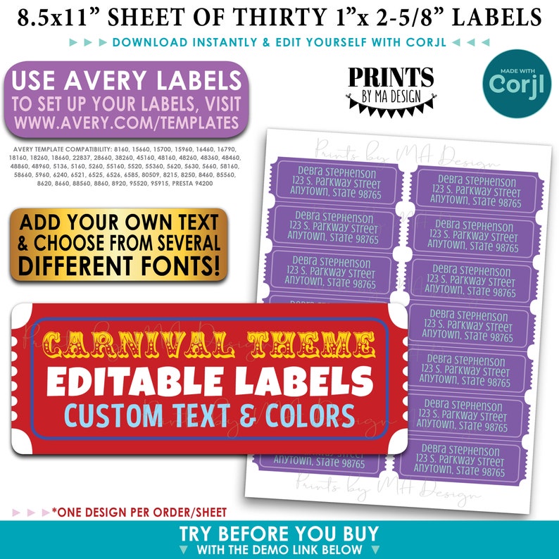 Editable Carnival Ticket themed Labels, Address Labels, One Custom PRINTABLE 1x2-5/8 Label, Avery 8160 Labels Edit Yourself with Corjl image 1