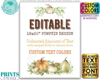 Editable Pumpkin Sign, Choose Your Text, Create One Custom Fall Watercolor Style PRINTABLE 8x10/16x20” Portrait Sign <Edit Yourself w/Corjl>