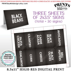 Taco Bar Labels, Fiesta Mini Menu Taco Menu Signs, PRINTABLE 8.5x11” Sheet of Thirty 2"x3.5" Chalkboard Style Labels <ID>