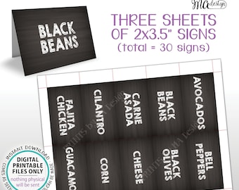 Taco Bar Labels, Fiesta Mini Menu Taco Menu Signs, PRINTABLE 8.5x11” Sheet of Thirty 2"x3.5" Chalkboard Style Labels <ID>
