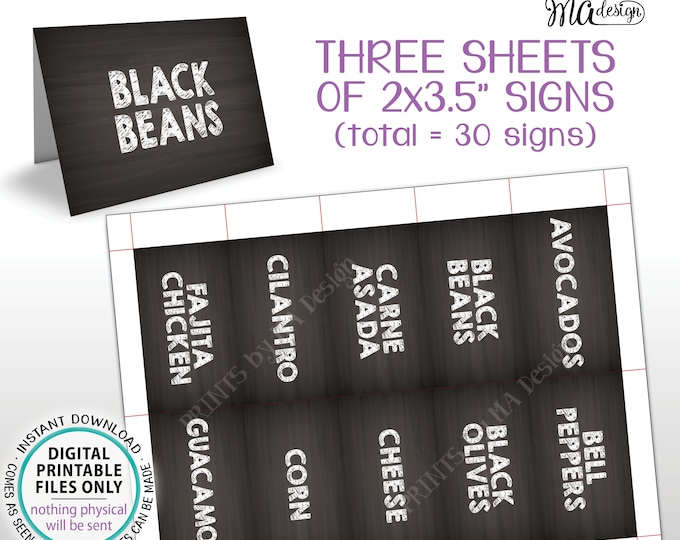 Taco Bar Labels, Fiesta Mini Menu Taco Menu Signs, PRINTABLE 8.5x11” Sheet of Thirty 2"x3.5" Chalkboard Style Labels <ID>