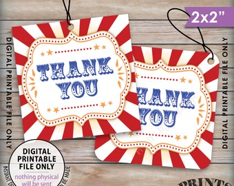 Thank You Tags, Carnival Themed Party, Circus Themed, Carnival Birthday, Circus Birthday, 2x2" tags on 8.5x11" Printable Instant Download