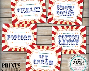 Carnival Food Signs, Carnival Theme Party, Popcorn, Cotton Candy, Pickles, Snow Cones, Ice Cream, Circus, PRINTABLE 8x10/16x20” Signs <ID>