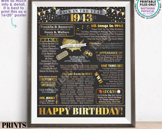 Back in the Year 1943 Birthday Sign, Flashback to 1943 Poster Board, ‘43 B-day Gift, Bday Decoration, PRINTABLE 16x20” Sign <ID>