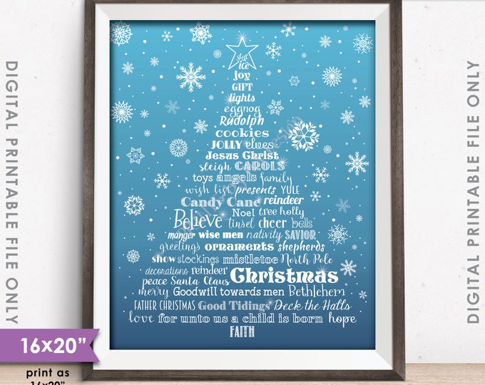 Christmas Words Tree Holiday Words Christmas Tree, X-mas Tree Christmas Sign,  Blue Snowflake 8x10/16x20” Instant Download Digital Printable